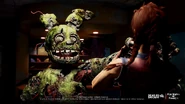 A screenshot of The Animatronic holding a survivor up by the neck.