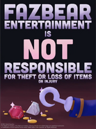 A poster of Fazbear Entertainment explaining their lost-and-found policy with a brief look at Captain Foxy's hook.