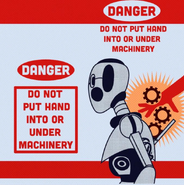 Una señal de peligro con un S.T.A.F.F. Bot.