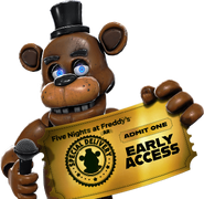 Freddy holding the ticket for the game's early access in the website.