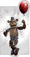 A sticker of Freddy holding onto a balloon.