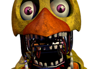 A still frame of Withered Chica when jumpscaring the player in the Office.