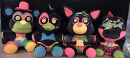 Hot Topic exclusive Blacklight Plushies Group: Glamrock Freddy, Glamrock Chica, Roxanne Wolf, and Montgomery Gator.