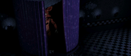 Foxy peeking out of Pirate's Cove, half of his body shown (1st phase).