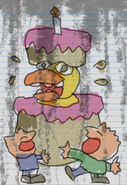 An old drawing of Chica popping out of a birthday cake.