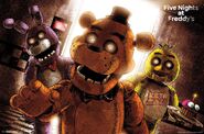 Chica with Bonnie and Freddy Fazbear in a poster.