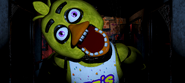 A frame of Chica inside the Office when jumpscaring the player, brightened.