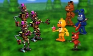 Adventure Freddy, Adventure Bonnie, Adventure Chica y Adventure Foxy en una batalla (Notese el Diseño Beta de Prototype.