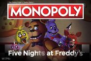 Freddy, Bonnie, Chica, and Foxy on the FNaF Monopoly game.