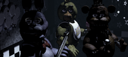 All animatronics staring at the camera, which is unused in the final game. Note that the back wall (behind Chica and Freddy) is visible now.