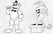 Freddy, along with Security Puppet, from one of the pages from the Five Nights at Freddy's Coloring Book.