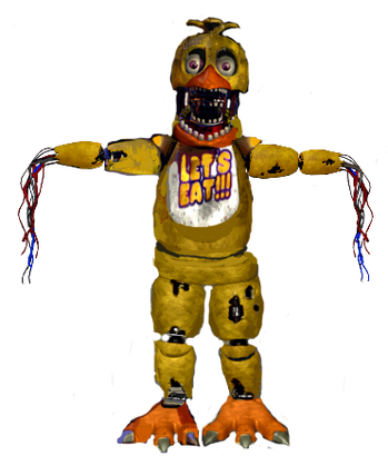 Swap!chica: a yellow chicken fnaf animatronic with a fancy dressed-up 80s  vibe with magenta eyes, a black bowler hat, an orange beak, a simple  attractive pink dress, and a microphone in her