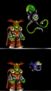 Early draft design of Syntax seen from the Kickstarter digital artbook. Bottom: Syntax's original design as a floating TV monitor, later reused as the head of a Tankbot enemy. Top: A more finalized design, the tips of the tentacles are slightly different than in the final.