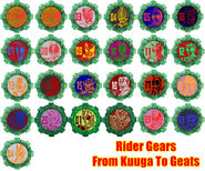 Kamen Rider Kuuga Gear, Kamen Rider Agito Gear, Kamen Rider Ryuki Gear, Kamen Rider Faiz Gear, Kamen Rider Blade Gear, Kamen Rider Hibiki Gear, Kamen Rider Kabuto Gear, Kamen Rider Den-O Gear, Kamen Rider Kiva Gear, Kamen Rider Decade Gear, Kamen Rider W Gear, Kamen Rider OOO Gear, Kamen Rider Fourze Gear, Kamen Rider Wizard Gear, Kamen Rider Gaim Gear, Kamen Rider Drive Gear, Kamen Rider Ghost Gear, Kamen Rider Ex-Aid Gear and Kamen Rider Build Gear