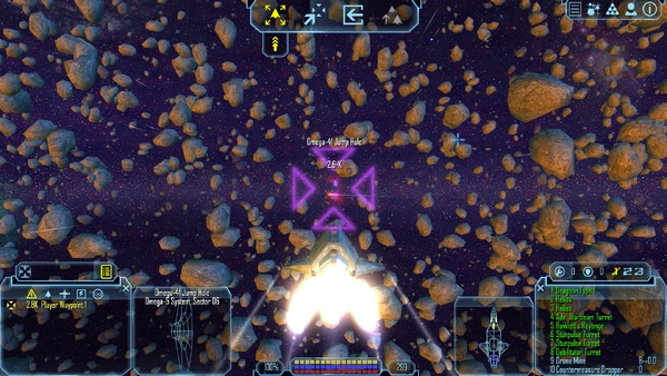 The HDE widescreen HUD and optional flat UI buttons. Note that player engine trails are enabled by default in HDE.