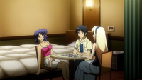 Kazuya playing cards with Satellizer and Rana