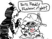 A bomb humanoid (representing Giant Bomb) mistaking Boyfriend for Freddy Fazbear.