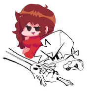 A doodle of Boyfriend holding a sword with a skull decoration at the base, made by PhantomArcade. It is meant to resemble Moawling's art style.