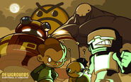 Tankman, Pico, Alien Hominid, Dad, P-BOT and Angry Faic standing. Made by JohnnyUtah on Newgrounds.