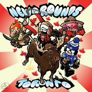 Pico riding a Canadian Goose (also knwown as Geese) along with Tankman riding a Moose and holding a Canada Flag and Steve eating a poutine and soda
