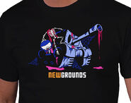 The Newgrounds Halloween T-shirt by PhantomArcade, featuring a worn-out tank with spider webs and blood, Tankman's skeleton holding his head and the Newgrounds logo.