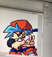 Close-up photo of a screen, showing a WIP frame of Boyfriend's V-sign pose from the aforementioned promo in Adobe Flash.