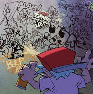 Promotional art featuring Boyfriend spray painting, made by PhantomArcade and HellKat. This also appears in one of the pages of the booklet that comes with the CD.