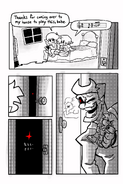 The second page of the comic, where Boyfriend visits Girlfriend to play horror games with her while Daddy Dearest maliciously holds an enchanted Boyfriend figure. Girlfriend screams with delight over the jumpscares.