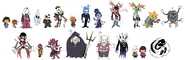 D-Side designs for Frisk, Flowey, Toriel, Napstablook, Sans, Papyrus, Monster Kid, Grillby, Muffet, Undyne, Alphys, Mettaton/Mettaton EX, Mad Dummy, Mad Mew Mew, Asgore, Asriel, Chara, and W.D. Gaster.