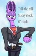 Apple30SlynetBusiness.png (1.25 MB) Artwork of Mr. Slynet wearing a business uniform, with a white shirt, a red tie, a gray suit, a brown watch, a brown belt and black pants. He stands next to a piece of text reading "Talk the talk. Micky stock, O' clock.".