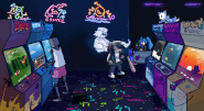The background of Tokens with Hex, Garcello, Alya, RidZak, Miku, and Cye in the arcade