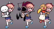 Sayori Hugging Bob (with Little Man on her head), Zipper, and Pompom (Unused, Note: The Zipper one is used in the final game.)