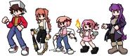 Official D-Side Doki Doki Takeover designs (MC, Monika, Sayori, Natsuki and Yuri). Note that, to coincide with Sensei's design, they are reimagined as coming from a beat-'em-up game called Dokkan Dokkan Fight Club.