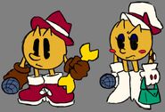 Official D-Side Pac-Man and Ms. Pac-Man (Pac-Girl). Pac-Man is an engineer, and he and Pac-Girl have to wrangle up robots.