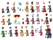 D-Side designs for Super Mushroom, Fire Flower, Super Star, Tanooki Suit (Kitsune Suit), Hammer Suit (Crowbar Suit), Frog Suit (Axolotl Suit), Cape Feather (Super Feather), Carrot (Rutabaga), Metal Cap (Copper Cap), Blue Shell (Spear Shell), Mega Mushroom, Mini Mushroom (Moushroom), Propeller Mushroom (Jet Mushroom), Ice Flower, Penguin Suit (Polar Bear Suit), Bee Mushroom (Wasp Mushroom), Boo Mushroom, Cloud Flower (Slime Flower), Rock Mushroom, Super Acorn (Bat Berry), Super Bell, Super Hammer (Jackhammer), Drill Mushroom (Hook Mushroom), Bubble Flower, and Elephant Fruit (Mammoth Fruit).