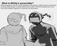 A drawing about Whitty's personality, with the left side depicting him fearful and shy and the right side depicting him violent and unhinged.