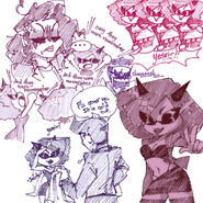 A bunch of sketches featuring the henchwomen, including a concept outfit that was scrapped.