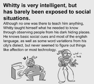 A drawing about Whitty's intelligence, with the left showing him being angry at a dryer and the right asking what a hug is.