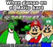 Meme found within the game's files. Roughly translates to "When you win in Mario Kart: You are no match for Yoshi xdxd".