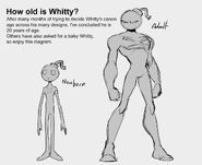 A diagram about Whitty's age, showing his newborn and adult designs.