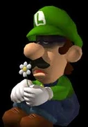 Offical artwork of Beta Luigi, showing him holding a flower.