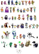 D-Side designs for Kris, Susie, Ralsei, Noelle, Berdly, Agsore, Undyne, Toriel, Sans, Alphys, Napstablook, Rudy, Carol, Jockington, Catti, Temmie, Monster Teen, Snowdrake, Pizzapants, Nice Cream Guy, Bratty, Catty, Alvin, Lancer (El Dos), King (El Uno), C. Round (P. Round), Rouxls Kaard (Blaanque Kaard), Starwalker, Jevil, Seam, Queen, Sweet (Wolfy), Cap'n (Van), Cakes (Bach), Spamton, Mr. Ant Tenna, Ramb, Lanino, Elnina, The Knight, Eram, Mike (Carl David), Pluey, Zapper Mike (Zapper Carl), Gerson/Hammer of Justice, Jackenstein (Spookenstein), Sound of Justice, and Friend.