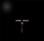 The game over screen of Mario '85, with Lucas head on a pike, referenced in the background.