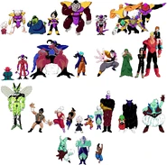 D-sides designs for Son Gohan, Raditz, King Kai, Vegeta, Nappa, Frieza, Recoome, Guldo, Ginyu, Jiece, Burter, Dende, Frieza (Final Form), King Cold, Trunks, Android 19, Android 20, Android 17, Android 16, Android 18, Cell, Hercule, Son Gohan (Adult), Videl, Son Goten, Trunks (Kid), Shin, Kibito, Babidi, Dabura, Buu, Majin Buu, Elder Kai, and Uub.