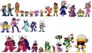 D-Side designs for Mario, Luigi, Peach, two toads, Buckenberry (Merrymelon), Toadette, Toadsworth, Yoshi, Daisy, Rosalina, Geno, Mallow, Pauline, Wario, Waluigi, Birdo, Boshi, E Gadd, Bowser, Bowser Jr., Goomba, Koopa, Bob-omb (Dyna-Mike), Bullet Bill, Boo, Cheep Cheep, Hammer Bro (Crowbar Crew), and King Bob-omb (King Dyna-Michael The Second).