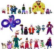 D-sides designs for Goku, Bulma, Master Roshi, Oolong, Yamcha, Puar, Chichi, Ox-King, Pilaf, Shu, Mai, Shenron, Krillin, Launch, Fortuneteller Baba, Grandpa Gohan, Tien Shinhan, Chiaotzu, King Piccolo, Korin, Mr. Popo, Kami, Adult Krillin, Adult Yamcha, Adult Bulma, Adult Goku, Adult Chichi, and Piccolo Jr.