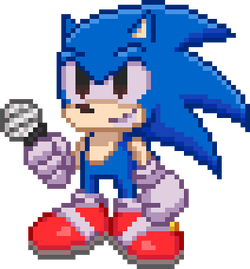 Dark sonic. hedgehog, black fur, no pupils, pointed eyes. red sneakers,  white gloves. dark blue aura around the body*