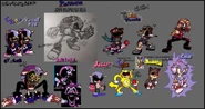 An image showing concept drawings. Includes: An altered Mighty.ZIP for Too Slow & You Can't Run, a Mighty.ZIP "Xeno" form, Soul Ray, Fang, and Maria for Triple Trouble, an old design for God Z, Tenma, Mitee, Sonichu, an unused D-Side Tails Doll design, and an Unused D-Side Fleetway Super Sonic design.