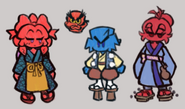 Minus design for Scarlet Melopoeia's version of Reimu, Kareshi (Boyfriend), and Kanojo. Reimu is a crustacean humanoid, Kareshi is a blue wolf tengu, and Kanojo is an oni.