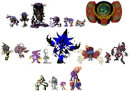 D-Side designs for Zephaniah, Zephaniah Phase 2, Zeus, Majin Sonic (Tenma Mighty), Mitee, Sunky, the Tails Dolls, Maria's Corpse, Scourge, Fleetway Super Sonic, Sanic, Avatar, Blu3scr33n, DX, Chameleon, SP, Starved, Needlemouse (Usaguro), Hog (Hedgehog), and Scorched (Remnant).